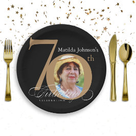 70e verjaardag Elegant Black Gold Calligrafie Foto Papieren Bordje