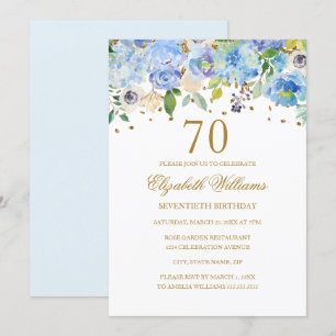 70e verjaardag Elegant Blue Gold Floral Kaart