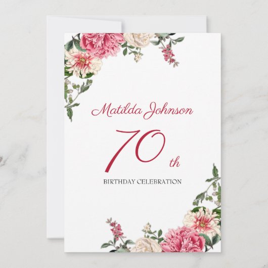 70e verjaardag Elegant Floral Pink Red Custom Part Kaart (Achterkant)
