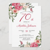 70e verjaardag Elegant Floral Pink Red Custom Part Kaart (Voorkant / Achterkant)