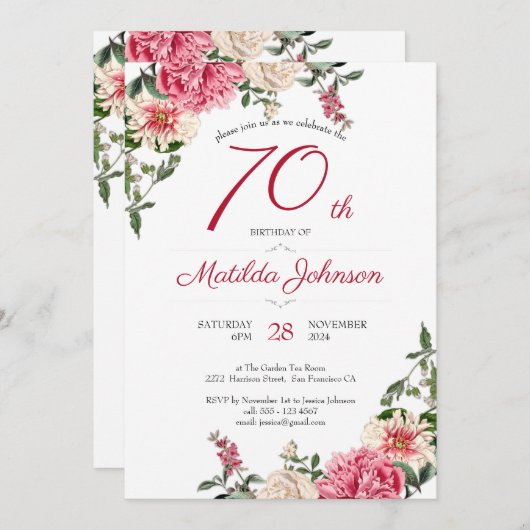 70e verjaardag Elegant Floral Pink Red Custom Part Kaart (Voorkant / Achterkant)