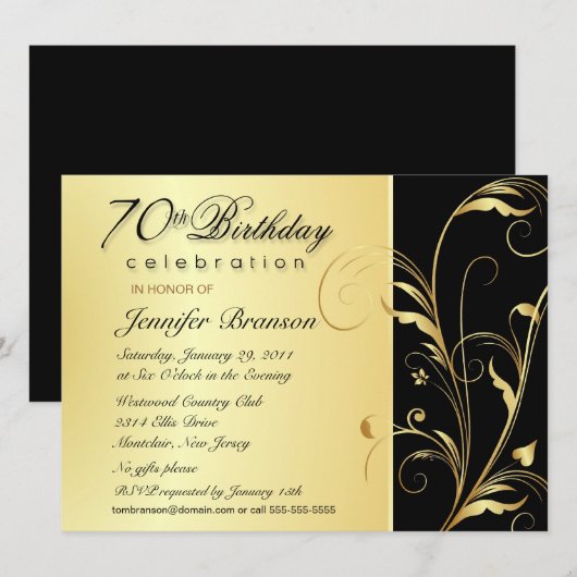 70e verjaardag - Elegant Gold Floral Invites Kaart (Voorkant / Achterkant)