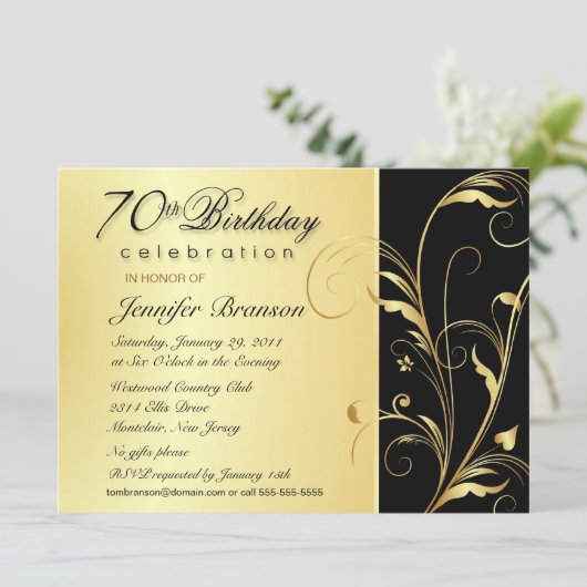 70e verjaardag - Elegant Gold Floral Invites Kaart (Staand voorkant)