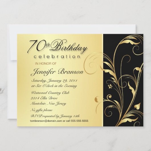 70e verjaardag - Elegant Gold Floral Invites Kaart (Voorkant)