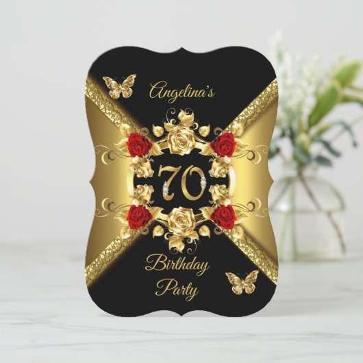70e verjaardag Elegant Gold Red Roses Black Kaart (Staand voorkant)