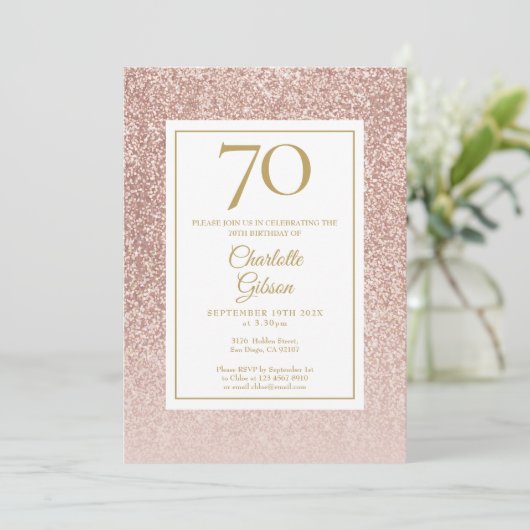 70e verjaardag Elegant Roos Gold Glitter Kaart (Staand voorkant)