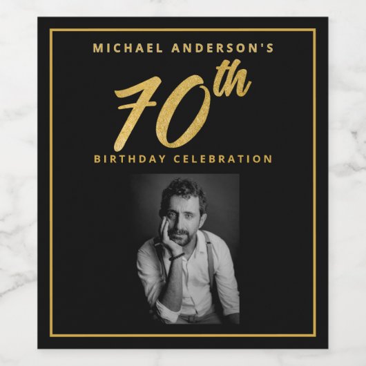 70e verjaardag Elegante foto Zwart Goud Wijnlabel Wijn Etiket (Enkel label)