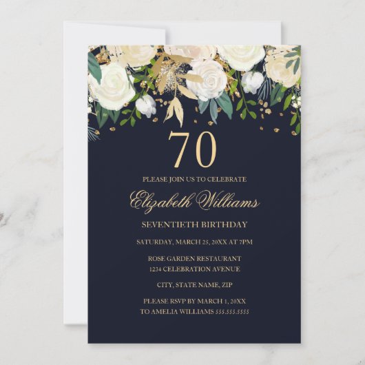 70e verjaardag Elegante Navy Gold Bloemen Uitnodig Kaart (Voorkant)