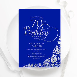70e verjaardag Elegante Royal Blue Silver Rozen Kaart