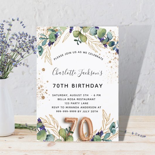 70e verjaardag eucalyptus greenery glitter elegant kaart