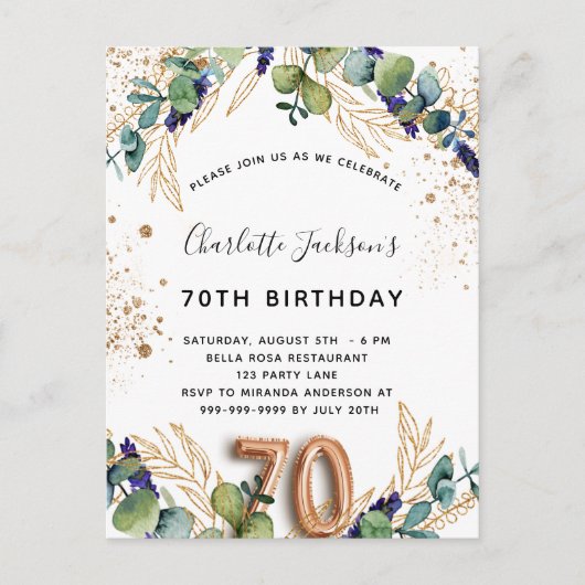 70e verjaardag eucalyptus greenery glitter elegant uitnodiging briefkaart (Voorkant)