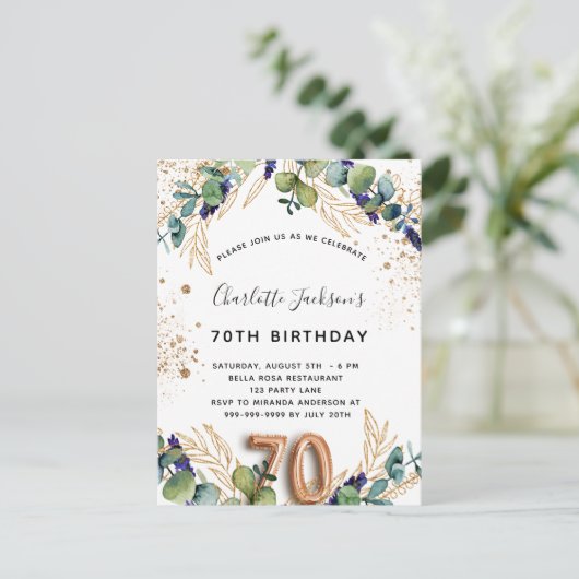 70e verjaardag eucalyptus greenery glitter elegant uitnodiging briefkaart (Staand voorkant)