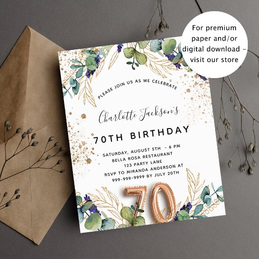 70e verjaardag eucalyptus greenery glitter elegant uitnodiging briefkaart