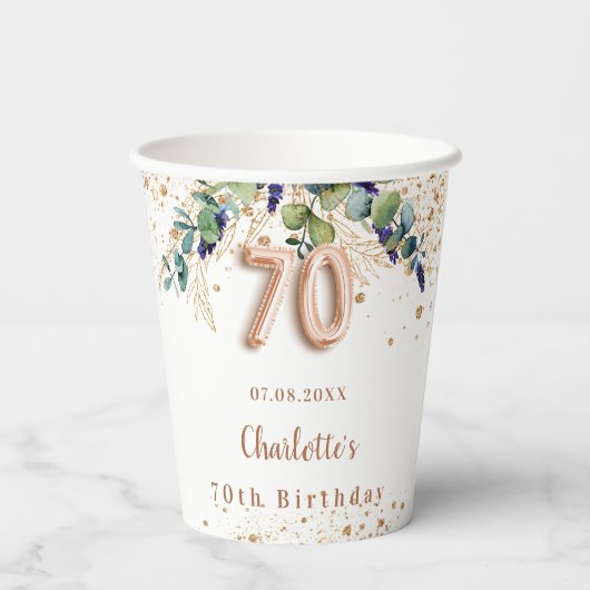 70e verjaardag eucalyptus greenery glitter name papieren bekers (Achterkant)