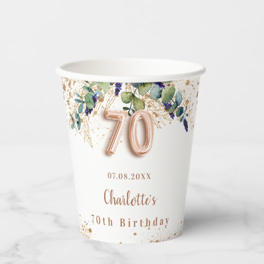 70e verjaardag eucalyptus greenery glitter name papieren bekers (Voorkant)