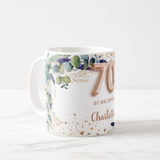 70e verjaardag eucalyptus groen glitter koffiemok (Voorkant links)