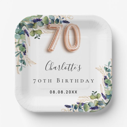 70e verjaardag eucalyptus groen naam papieren bordje (Voorkant)