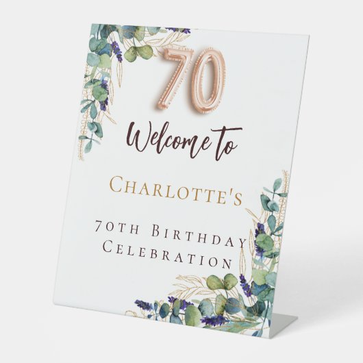 70e verjaardag eucalyptus groen welkom reclamebord met voetstuk (Voorkant)