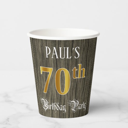 70e verjaardag — Faux Gold & Faux Wood Papieren Bekers (Voorkant)
