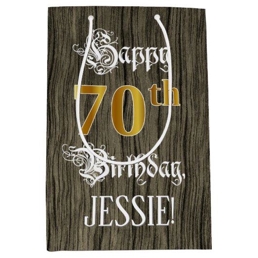 70e verjaardag: Faux Gold look & Faux Wood Pattern Medium Cadeauzakje (Voorkant)