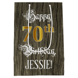 70e verjaardag: Faux Gold look & Faux Wood Pattern Medium Cadeauzakje