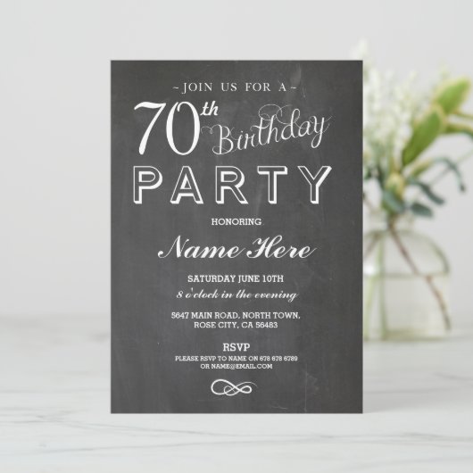 70E VERJAARDAG FEEST CHALKBOARD SURPRISE INVITE KAART (Staand voorkant)