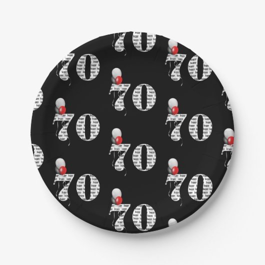 70e verjaardag feestballonnen op zwart papieren bordje (Voorkant)