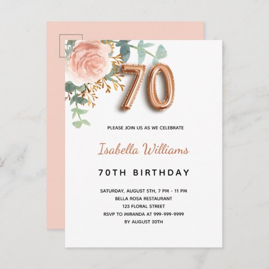 70e verjaardag floraal roos goud eucalyptus greene uitnodiging briefkaart (Voorkant / Achterkant)