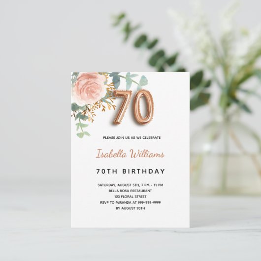 70e verjaardag floraal roos goud eucalyptus greene uitnodiging briefkaart (Staand voorkant)