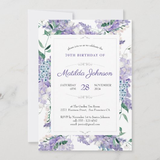 70e verjaardag Floral Botanische Paarse Waterverf Kaart (Voorkant)