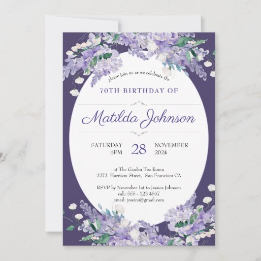 70e verjaardag Floral Dark Paars Wisteria Elegant Kaart (Voorkant)