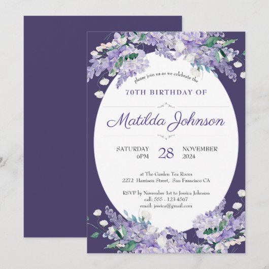70e verjaardag Floral Dark Paars Wisteria Elegant Kaart (Voorkant / Achterkant)