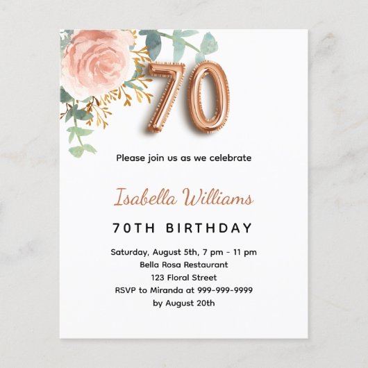 70e verjaardag floral roos gold budget uitnodiging flyer (Voorkant)