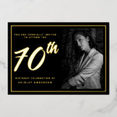 70e Verjaardag Foto Black Faux Gold Leaf Elegant Folie Uitnodiging (Voorkant)