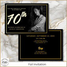 70e Verjaardag Foto Black Faux Gold Leaf Elegant