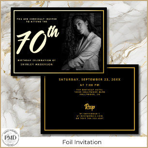 70e Verjaardag Foto Black Faux Gold Leaf Elegant Folie Uitnodiging