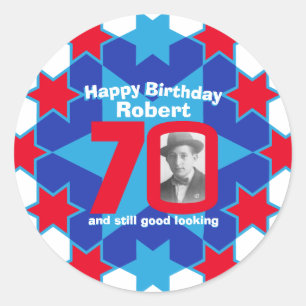 70e verjaardag foto blauw wit rode ster ronde sticker