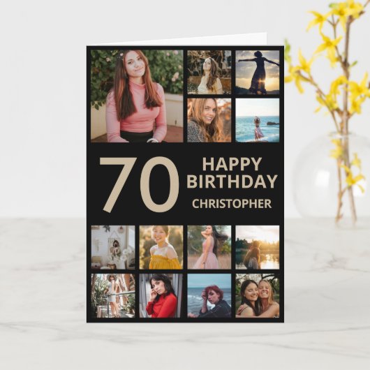 70e verjaardag Foto Collage 13 Foto's zwart en gou Kaart (Gele Bloem)