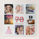70e verjaardag foto collage vrouw wit legpuzzel<br><div class="desc">Een geschenk voor de 70ste verjaardag van een vrouw,  die haar leven viert met een collage van 8 van je foto's. Sjablonen voor een naam,  70 jaar en een datum. Geboortedatum of -datum. Koraal en bruine gekleurde letters. Witte achtergrond.</div>
