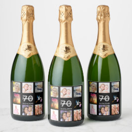 70e verjaardag foto collage zwart sparkling wijnetiket
