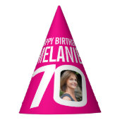 70e verjaardag foto gepersonaliseerd wit heet roze feesthoedjes (Voorkant)