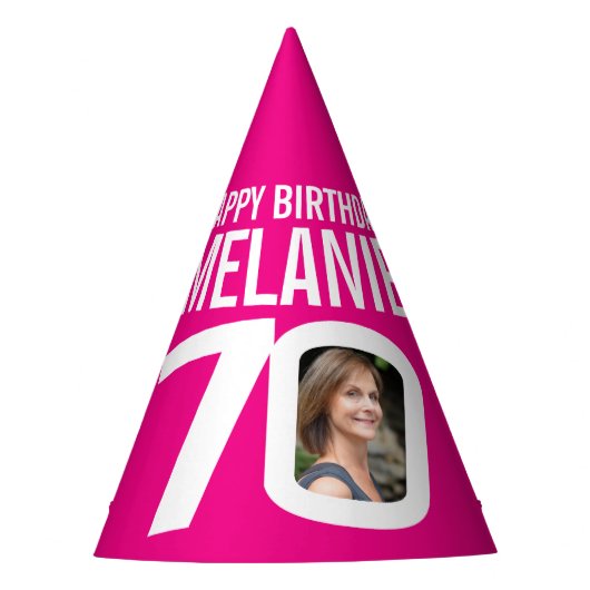 70e verjaardag foto gepersonaliseerd wit heet roze feesthoedjes (Voorkant)