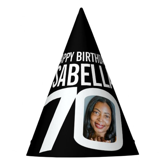 70e verjaardag foto gepersonaliseerde wit zwart feesthoedjes (Voorkant)