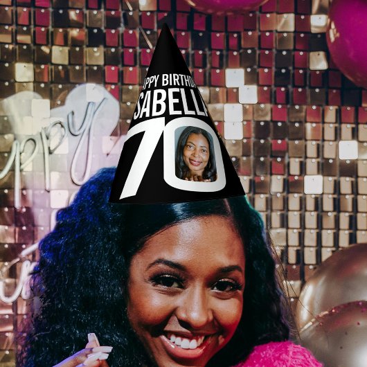 70e verjaardag foto gepersonaliseerde wit zwart feesthoedjes