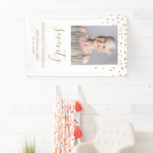 70e verjaardag Foto Gold Confetti White Spandoek (Insitu)