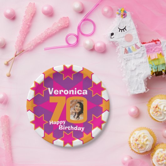 70e verjaardag foto naam roze sterrenpapier bord (Feest)