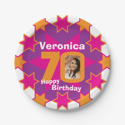 70e verjaardag foto naam roze sterrenpapier bord (Voorkant)