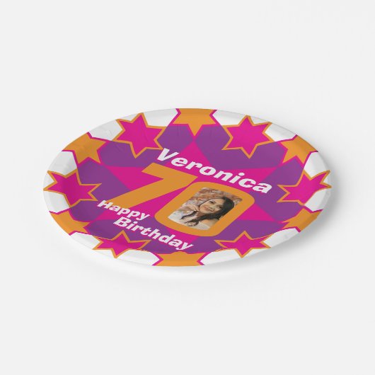 70e verjaardag foto naam roze sterrenpapier bord (Gekanteld)