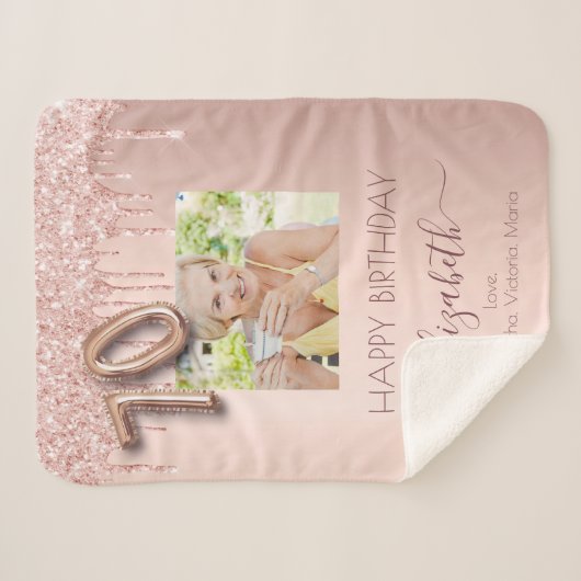 70e verjaardag foto roos goud glitter roze vriende sherpa deken (Voorkant (horizontaal))