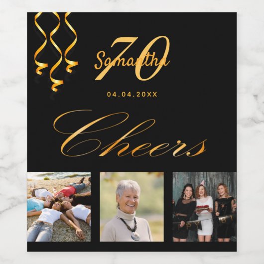 70e verjaardag foto zwart goud juichen script wijn etiket (Enkel label)